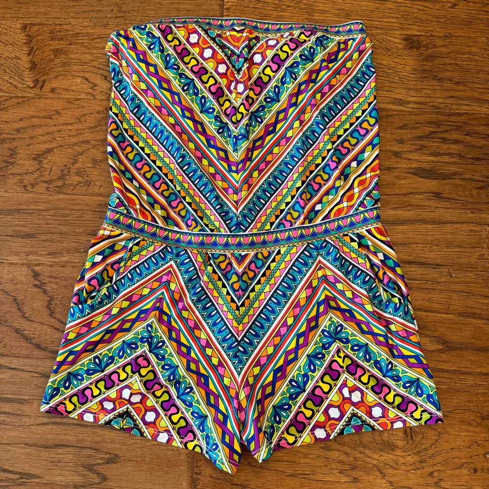 Trina Turk Peruvian Stripe Swimsuit Romper Cover Up Multicolor Halter Top Size M - Picture 11 of 14